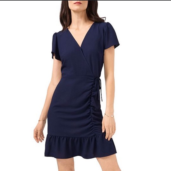 1. State Dresses & Skirts - 1.STATE Ruched Faux Wrap Dress Navy Blue Size Medium NEW